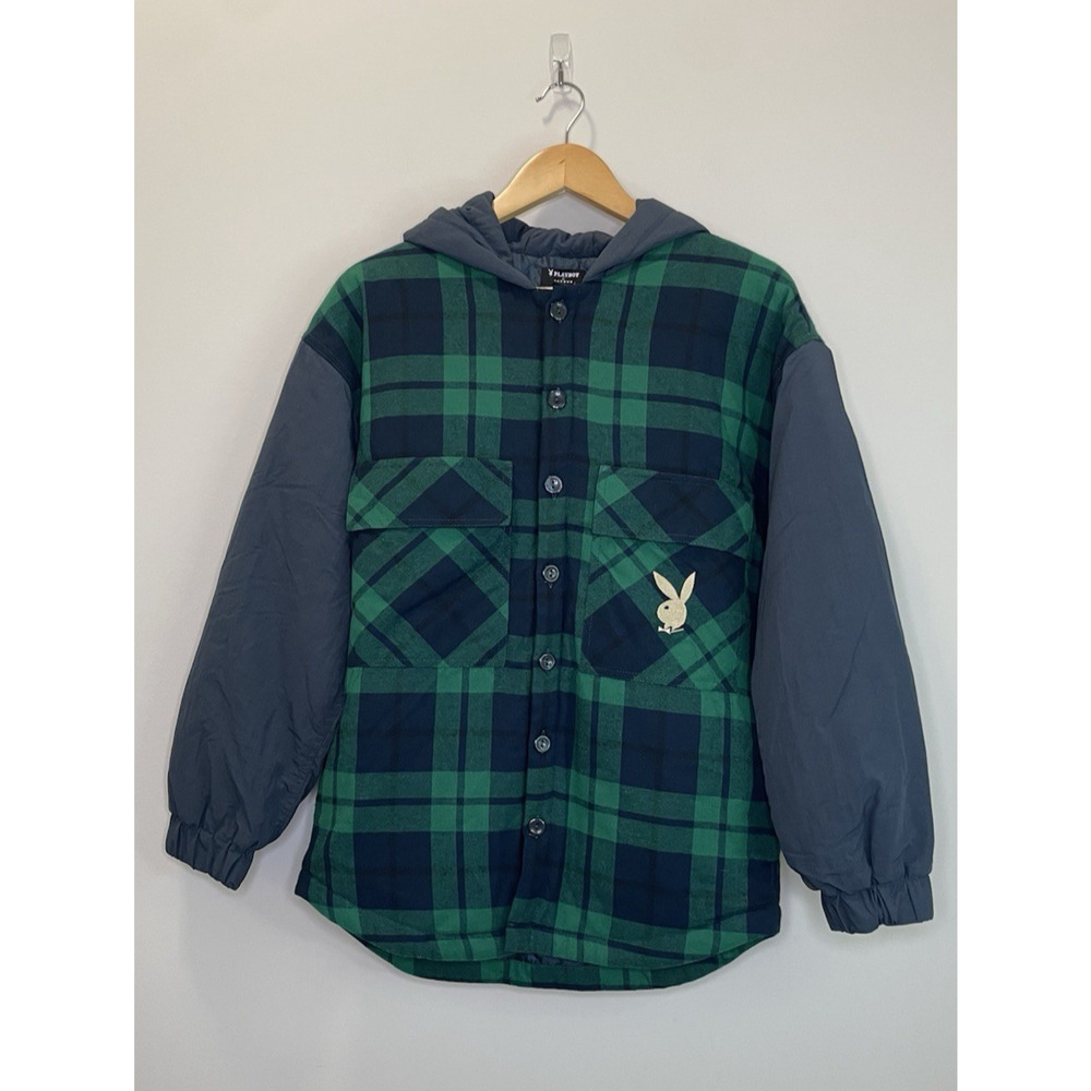 NWT Playboy x Pacsun Mens Plaid Jacket Hoodie Coat Logo Quilted Blue Green XS/S
